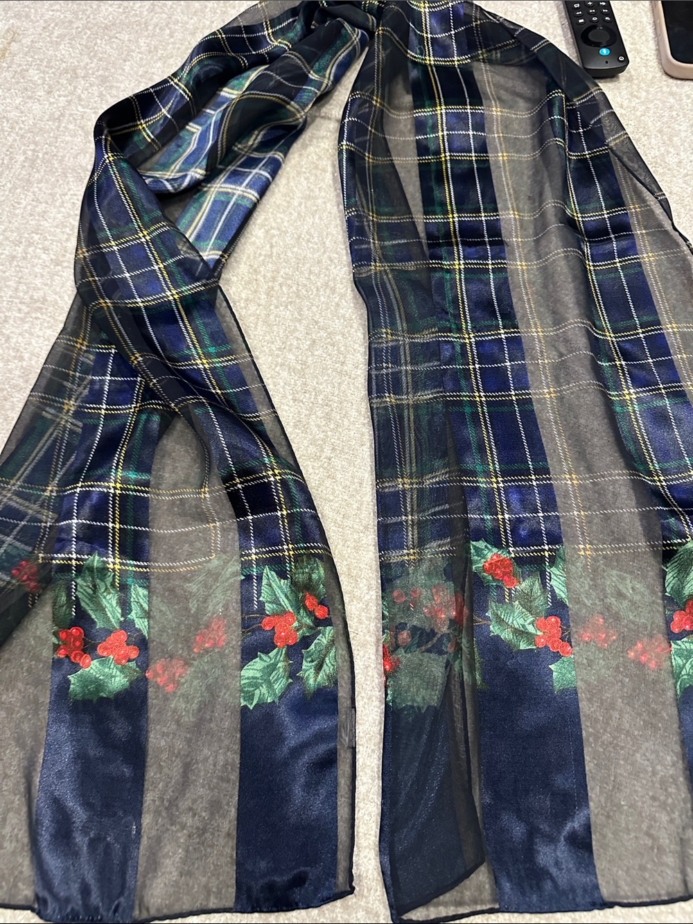 Navy Plaid Sheer Holiday Scarf with Holly Print